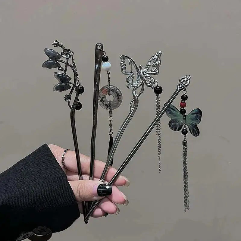 2024 New Chinese Style Butterfly Flower Tassel Hair Stick for Women Vintage Metal Hanfu Chopstick Hair Sticks Hair Accessories