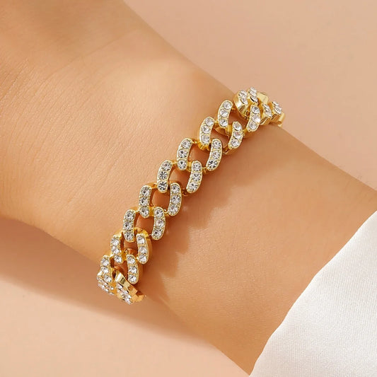 Inlay Rhinestone Alloy Cuban Bracelet for Women Gold Color Simple