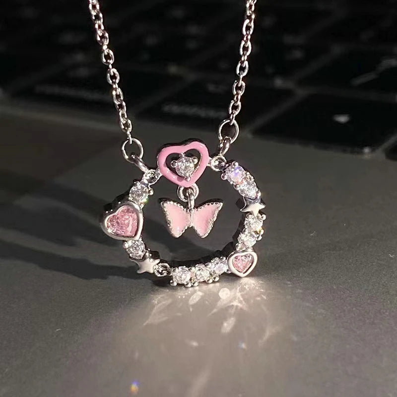 Fairy Pink Heart Crystal Arrow Pendant Necklace Y2K