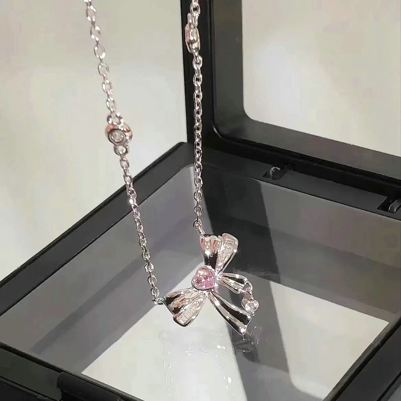 Fairy Pink Heart Crystal Arrow Pendant Necklace Y2K