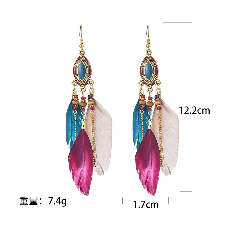 New Ethnic Long Feather Dangle Earrings For Women Bohemian