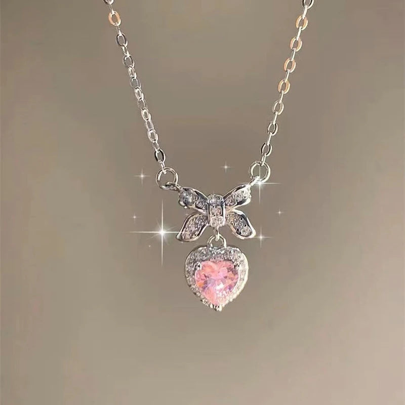 Y2K Girls Sweet Pink Crystal Heart Pendant Necklace