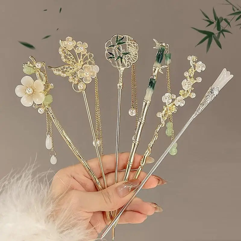 Retro Chinese Style Tassel Hair Clip for Women Hair Stick Pins Flower Handmade Hairpins Charm Jewelry Accessories Hair Ornaments