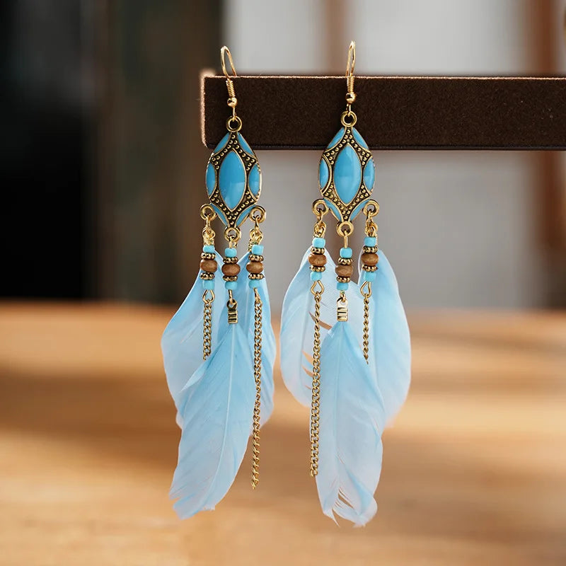 New Ethnic Long Feather Dangle Earrings For Women Bohemian