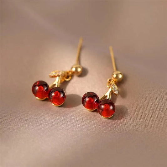 Korean Fashion Wine Red Cherry Drop Earrings For Women