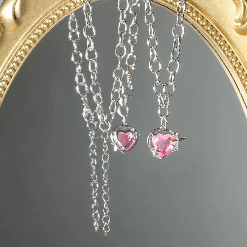 Y2K Girls Sweet Pink Crystal Heart Pendant Necklace