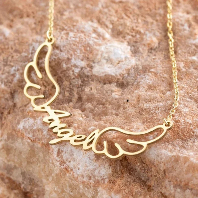 Personalized Name Angel Wing Gold Necklace.