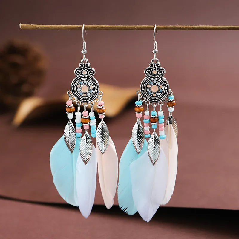 Bohemian Ethnic Feather Drop Earrings For Women