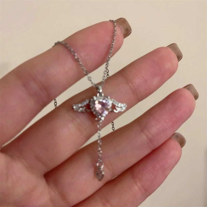 Fairy Pink Heart Crystal Arrow Pendant Necklace Y2K