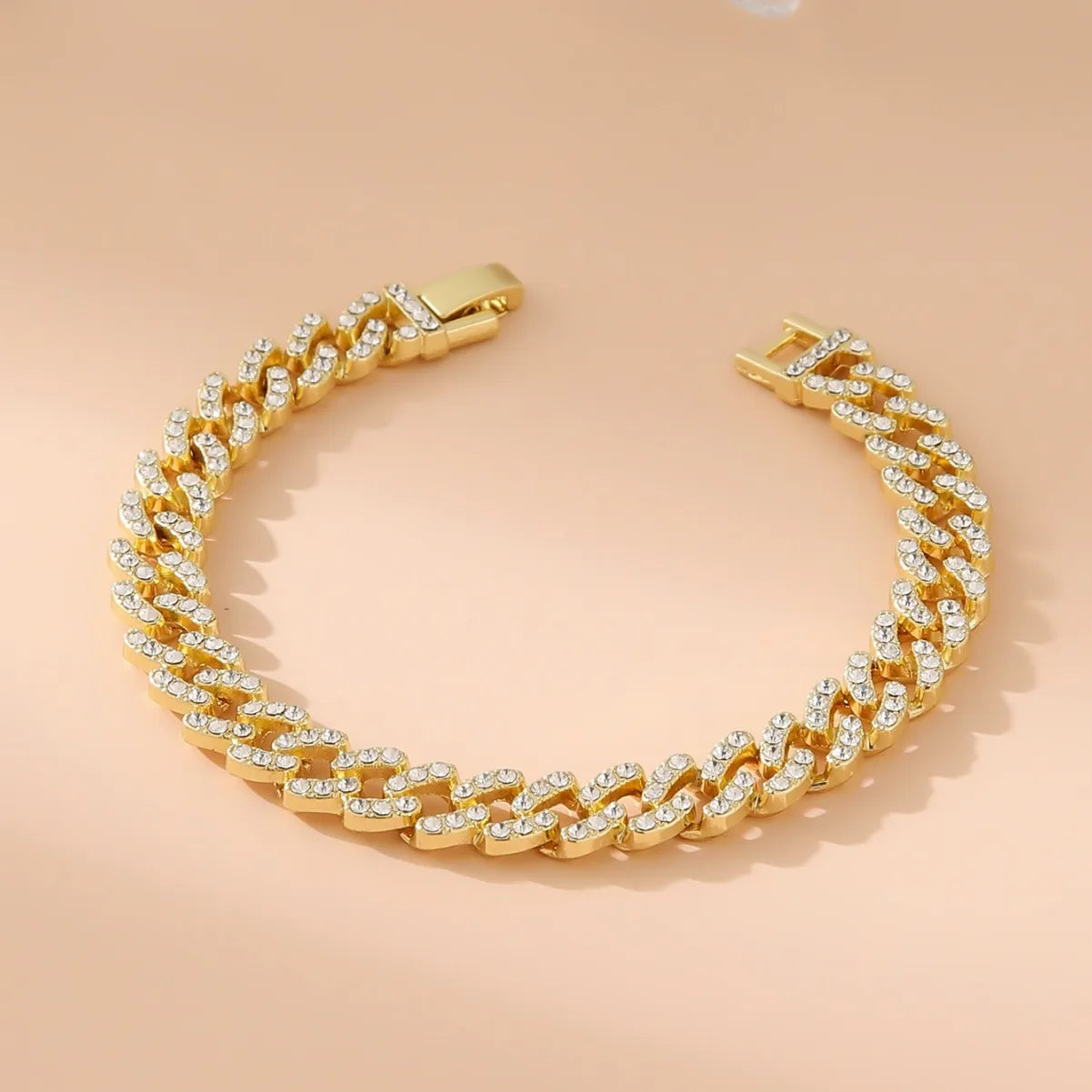 Inlay Rhinestone Alloy Cuban Bracelet for Women Gold Color Simple