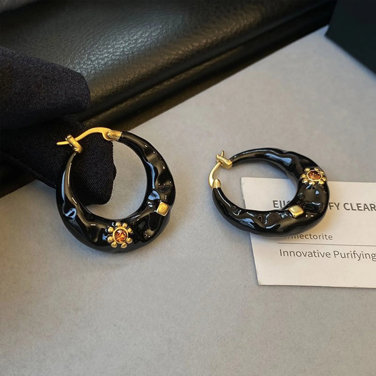 Vintage Black Enamel Drip Glaze Hoop Earrings