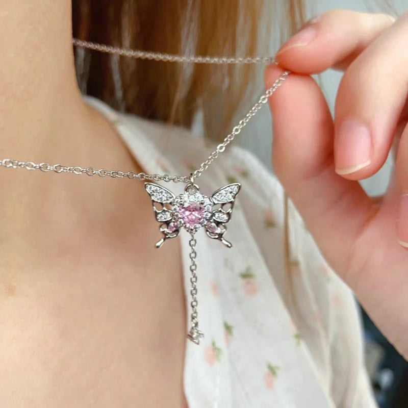 New Pink Zircon Bow Knot Pendant Necklace Y2K