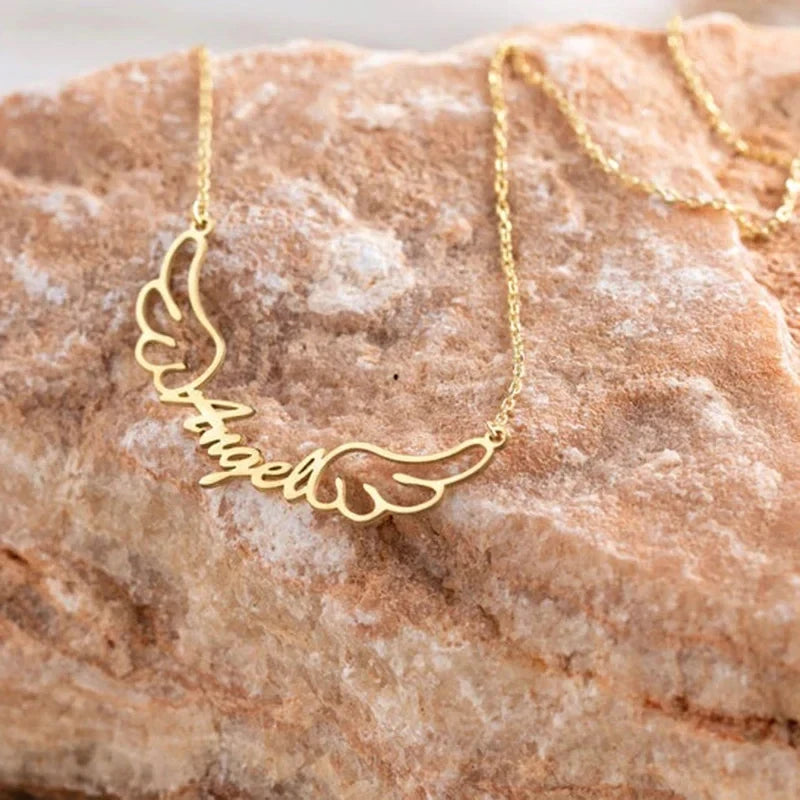 Personalized Name Angel Wing Gold Necklace.