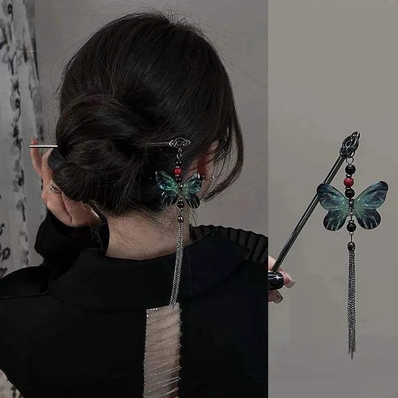 2024 New Chinese Style Butterfly Flower Tassel Hair Stick for Women Vintage Metal Hanfu Chopstick Hair Sticks Hair Accessories