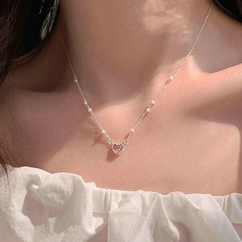 Y2K Girls Sweet Pink Crystal Heart Pendant Necklace