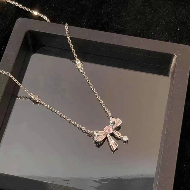 New Pink Zircon Bow Knot Pendant Necklace Y2K