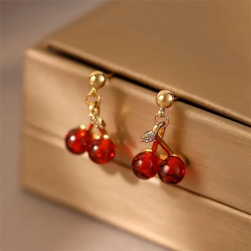 Korean Fashion Wine Red Cherry Drop Earrings For Women