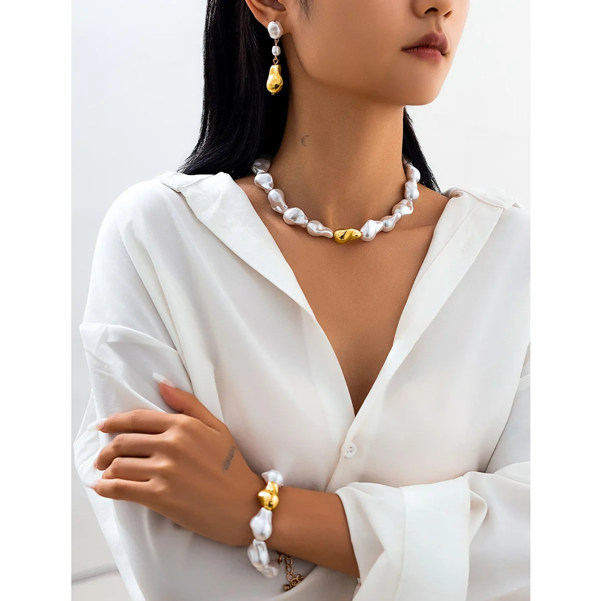 Vintage Irregular Imitation Pearl Necklace Bracelet Earrings Jewelry Set for Women