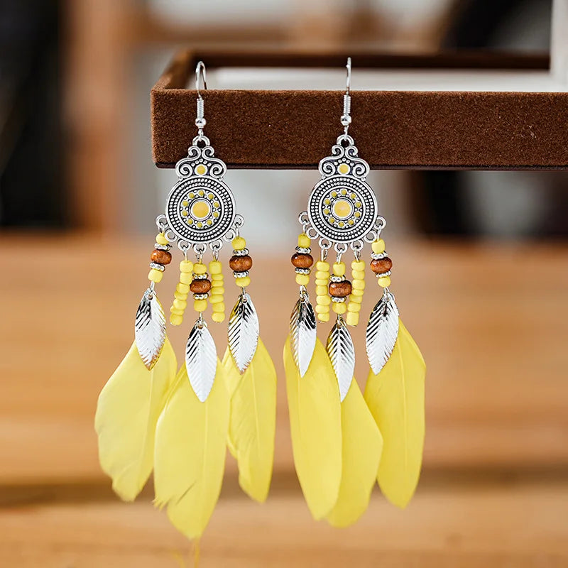 Bohemian Ethnic Feather Drop Earrings For Women