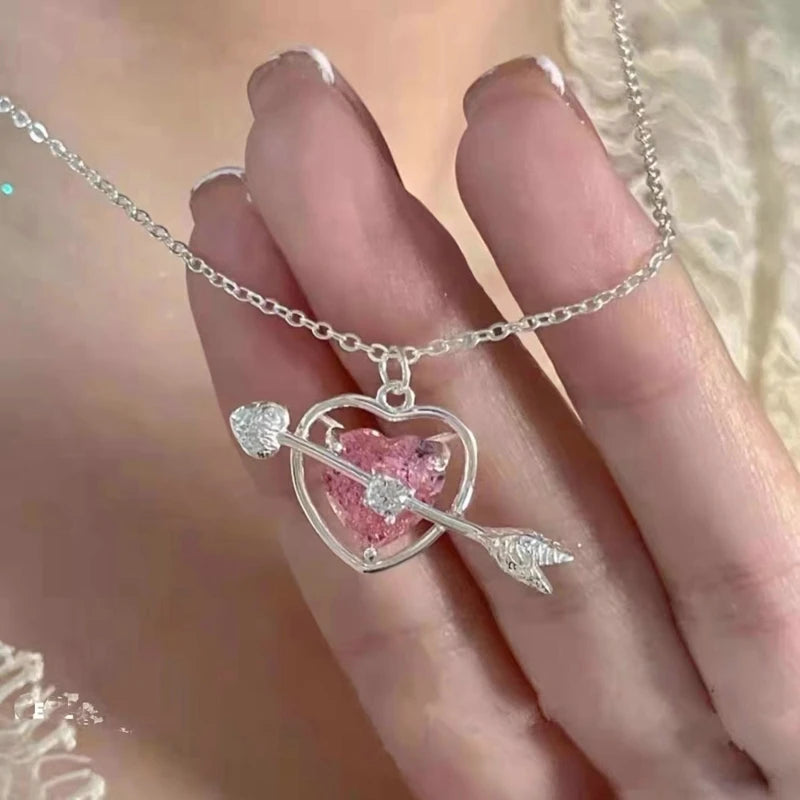 Fairy Pink Heart Crystal Arrow Pendant Necklace Y2K