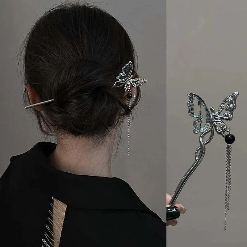 2024 New Chinese Style Butterfly Flower Tassel Hair Stick for Women Vintage Metal Hanfu Chopstick Hair Sticks Hair Accessories