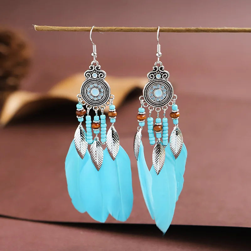 Bohemian Ethnic Feather Drop Earrings For Women