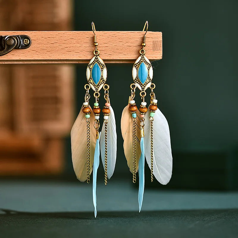 New Ethnic Long Feather Dangle Earrings For Women Bohemian