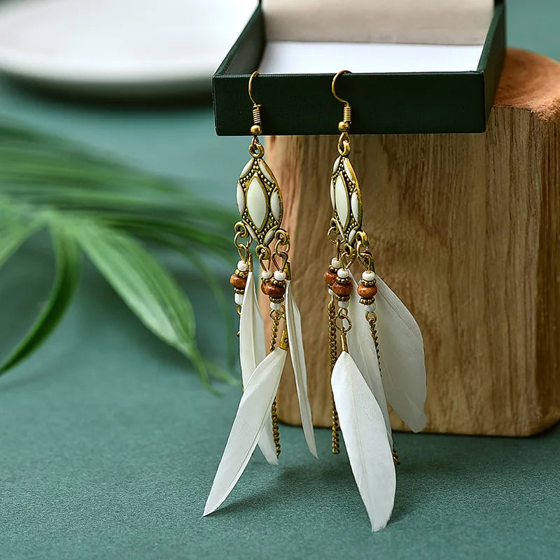 New Ethnic Long Feather Dangle Earrings For Women Bohemian