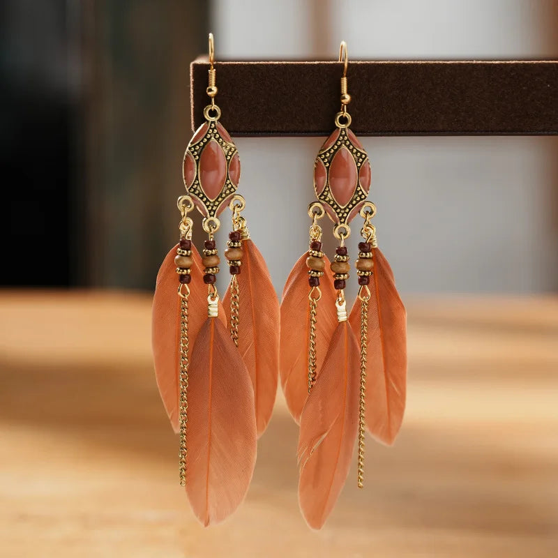 New Ethnic Long Feather Dangle Earrings For Women Bohemian