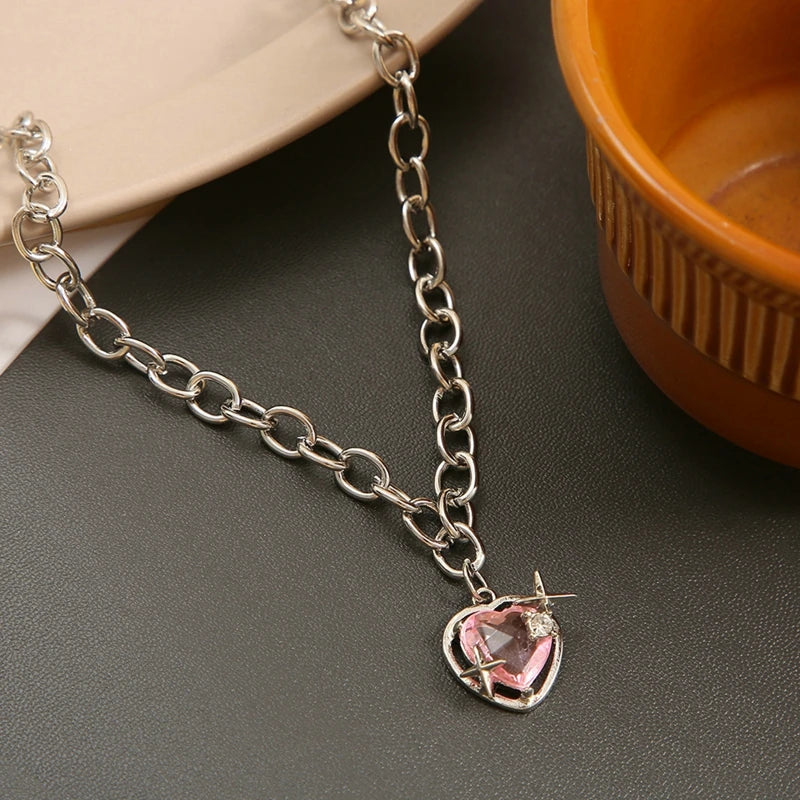 Y2K Girls Sweet Pink Crystal Heart Pendant Necklace