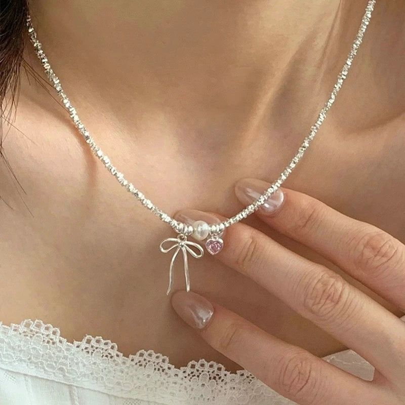 Simple Design Bow Knot Pendant Necklace Women