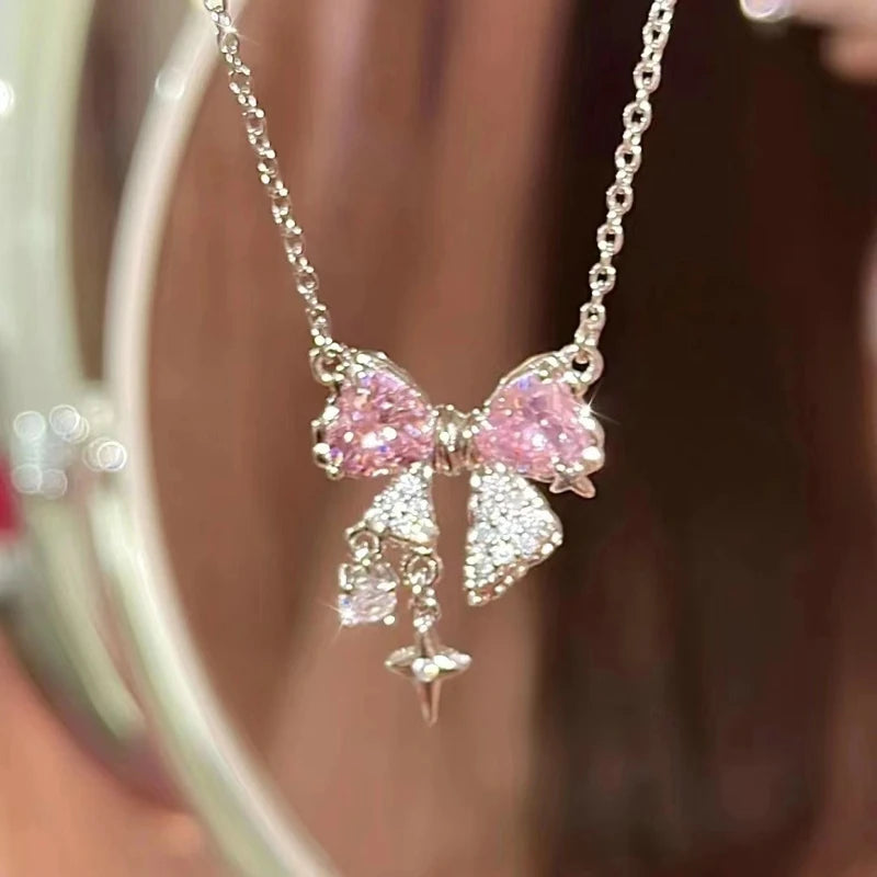 Y2K Girls Sweet Pink Crystal Heart Pendant Necklace