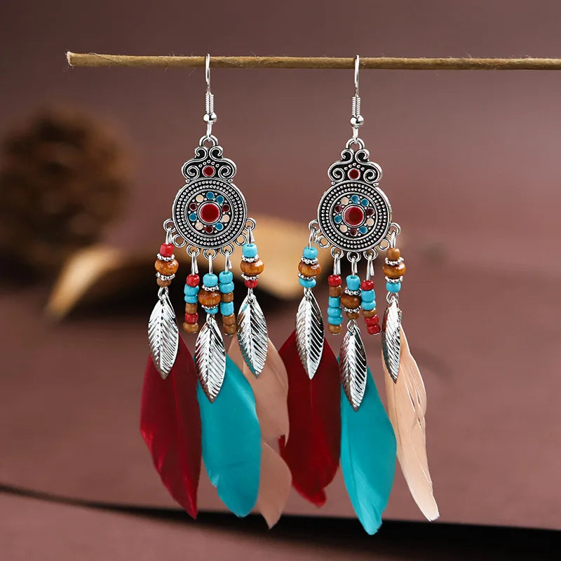 Bohemian Ethnic Feather Drop Earrings For Women