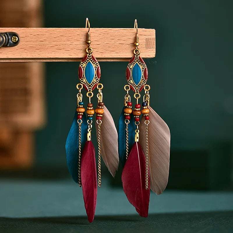 New Ethnic Long Feather Dangle Earrings For Women Bohemian