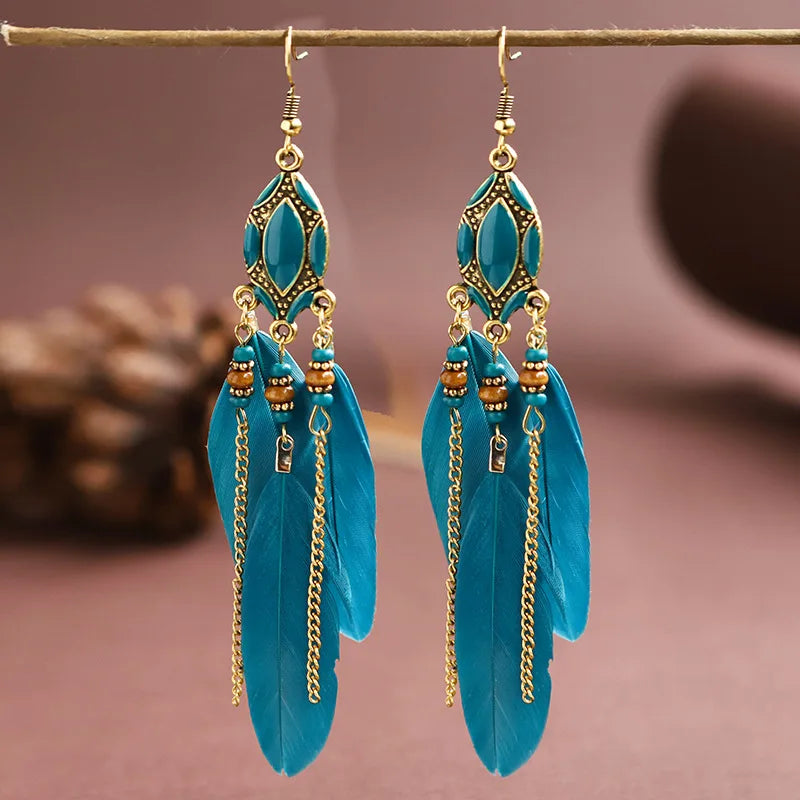 New Ethnic Long Feather Dangle Earrings For Women Bohemian