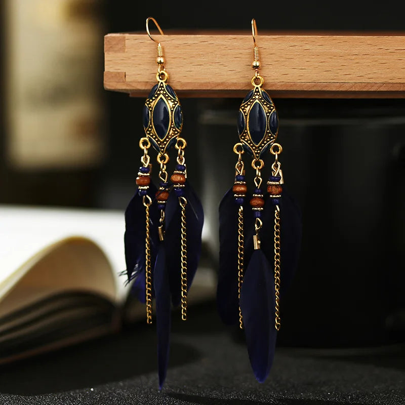 New Ethnic Long Feather Dangle Earrings For Women Bohemian