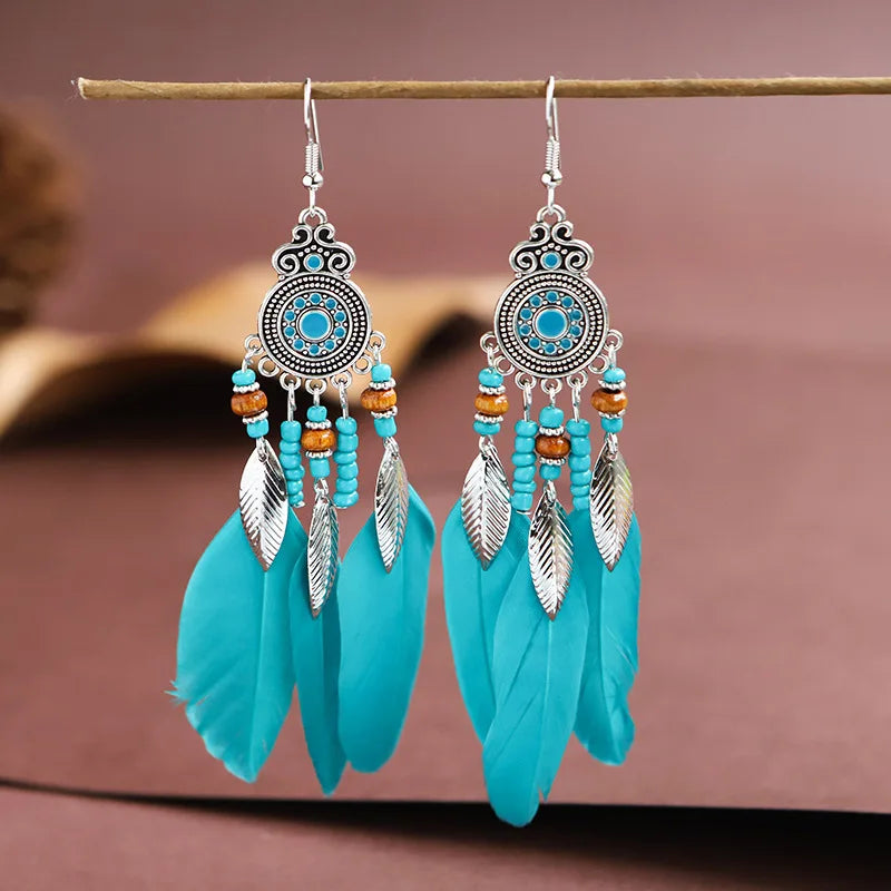 Bohemian Ethnic Feather Drop Earrings For Women