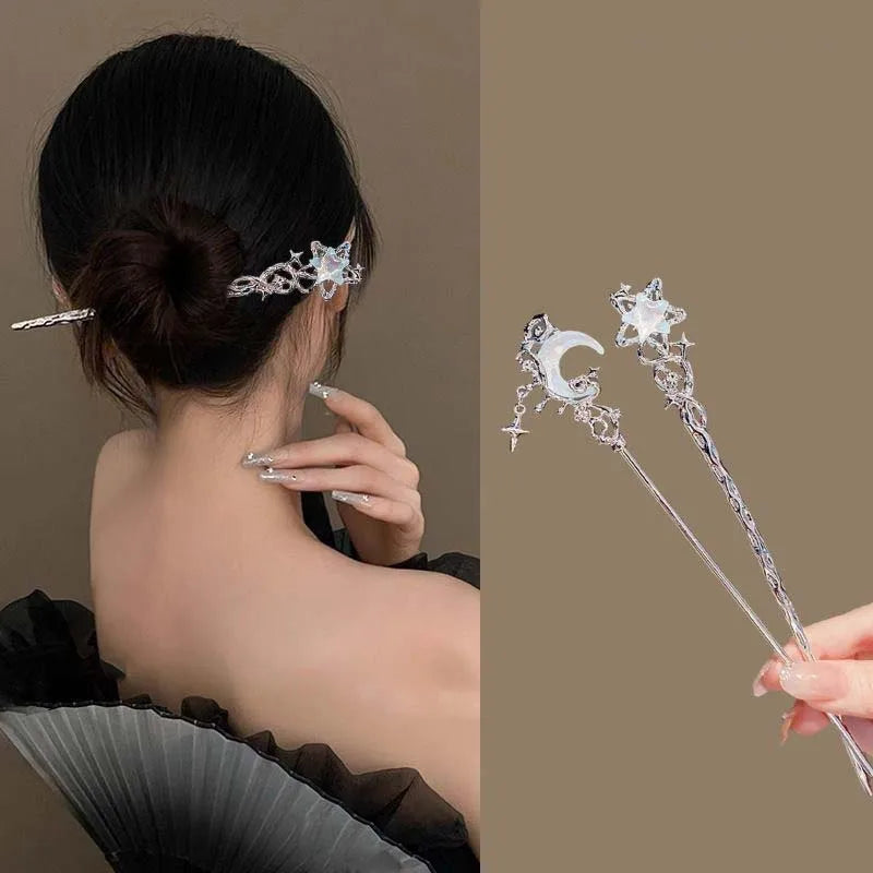 Vintage Crystal Star Moon Hair Sticks for Women