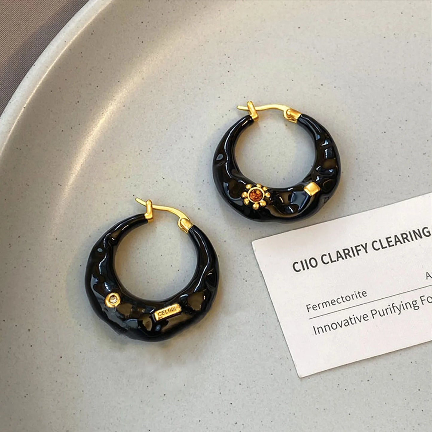 Vintage Black Enamel Drip Glaze Hoop Earrings