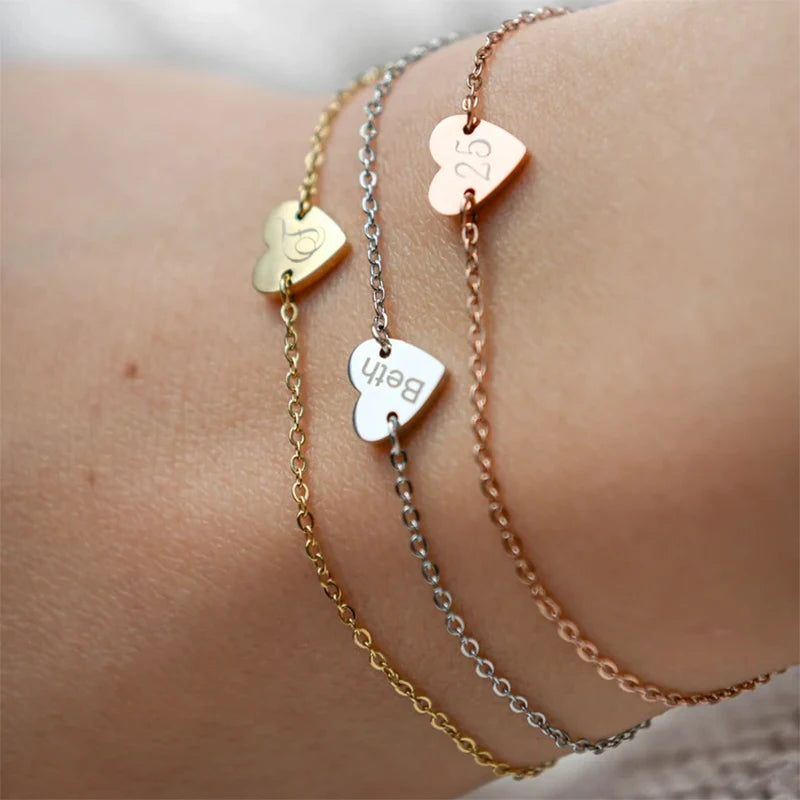 Engraved Name Love Bracelet Personalized Custom Letter A--Z Charm Heart