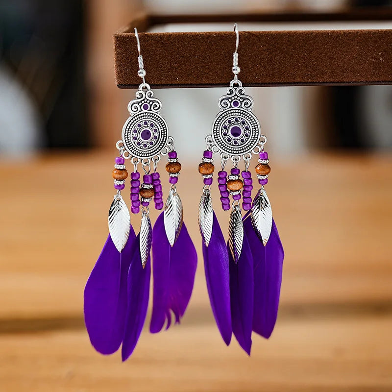 Bohemian Ethnic Feather Drop Earrings For Women