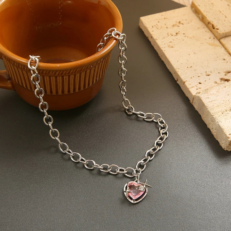 Y2K Girls Sweet Pink Crystal Heart Pendant Necklace