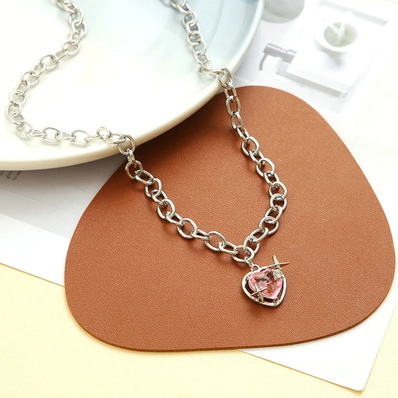 Y2K Girls Sweet Pink Crystal Heart Pendant Necklace