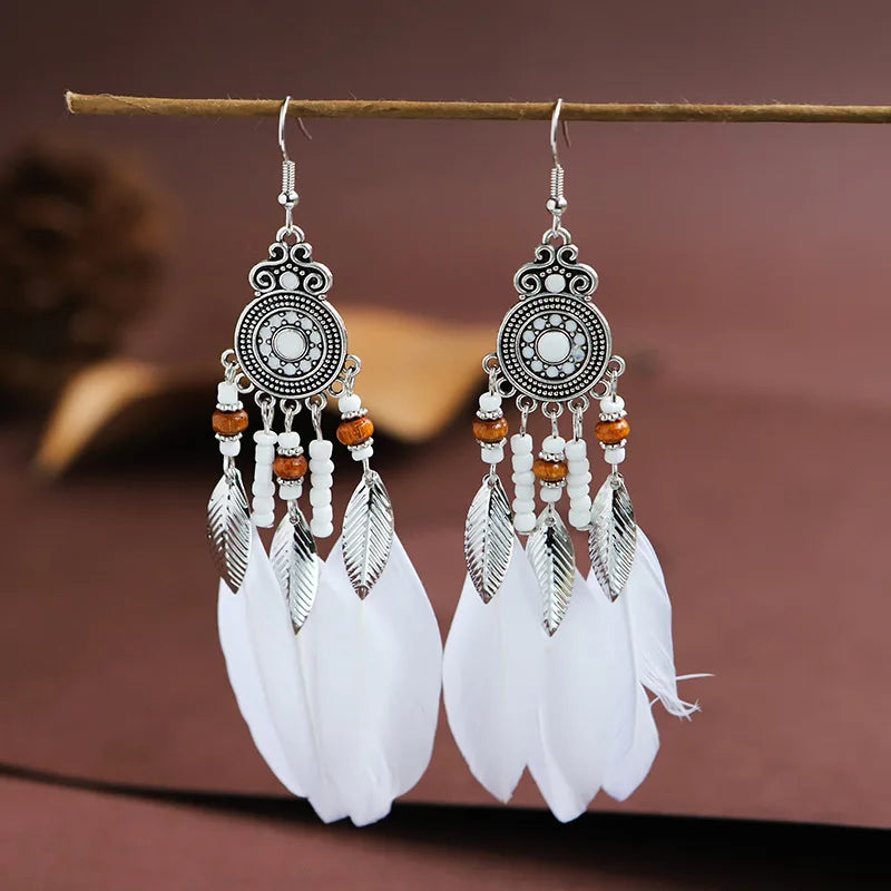 Bohemian Ethnic Feather Drop Earrings For Women