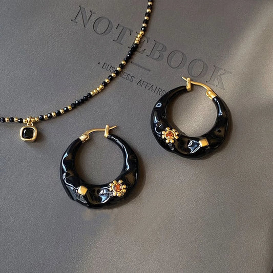 Vintage Black Enamel Drip Glaze Hoop Earrings