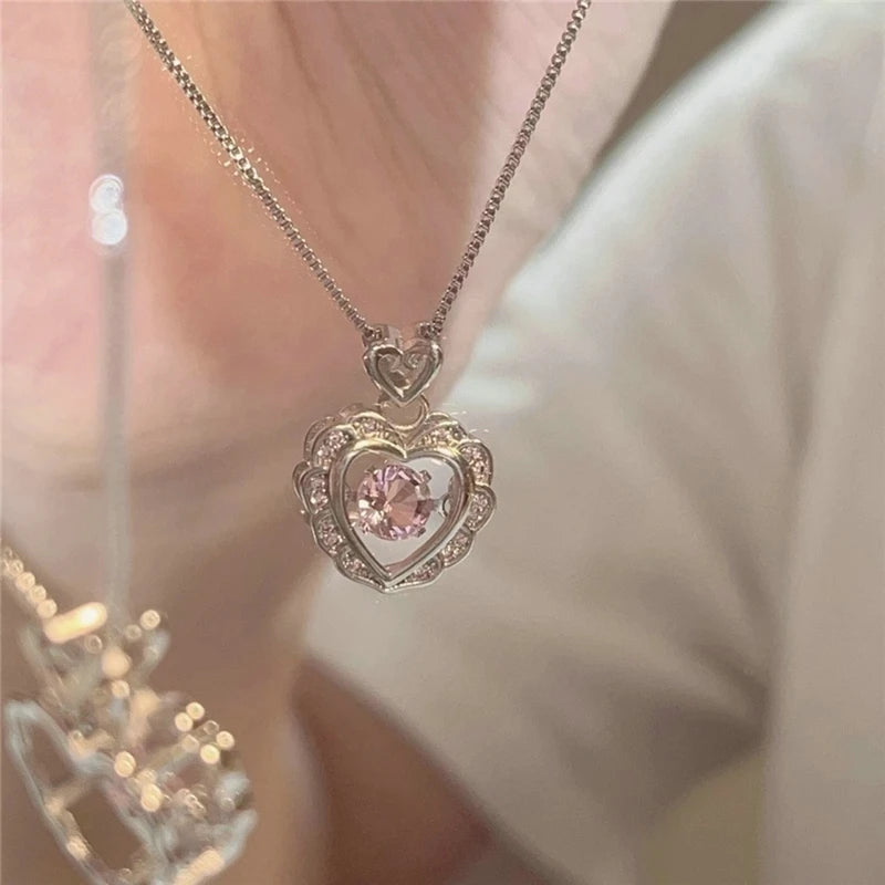 Y2K Girls Sweet Pink Crystal Heart Pendant Necklace