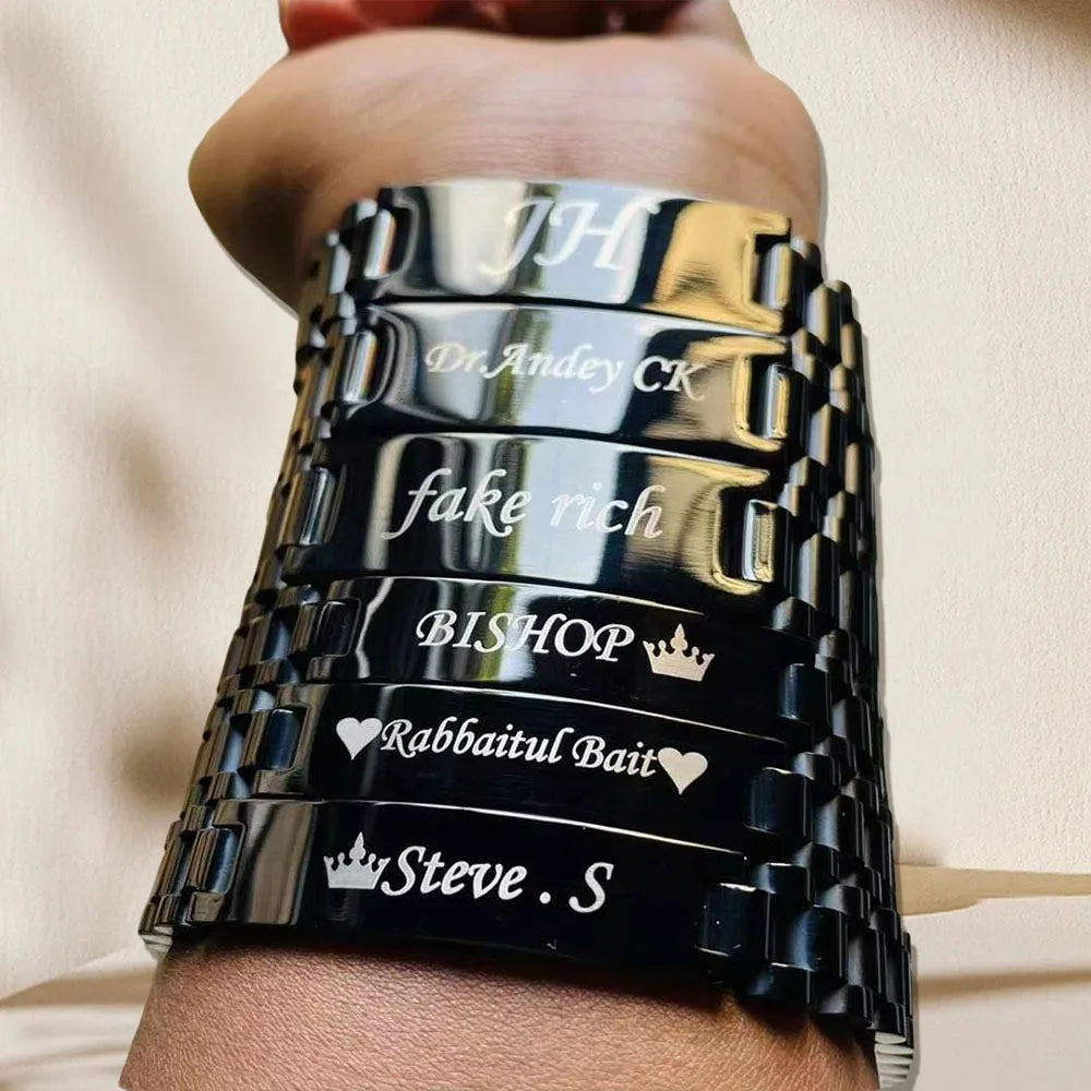 Stainless steel bracelet with custom text for men and women