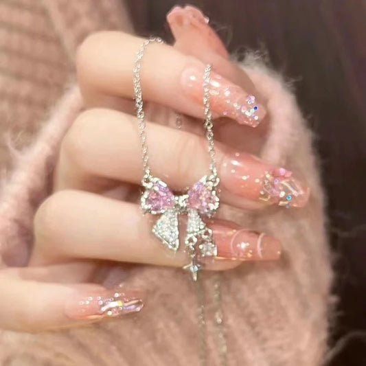 Fairy Pink Crystal Bow Knot Pendant Necklaces