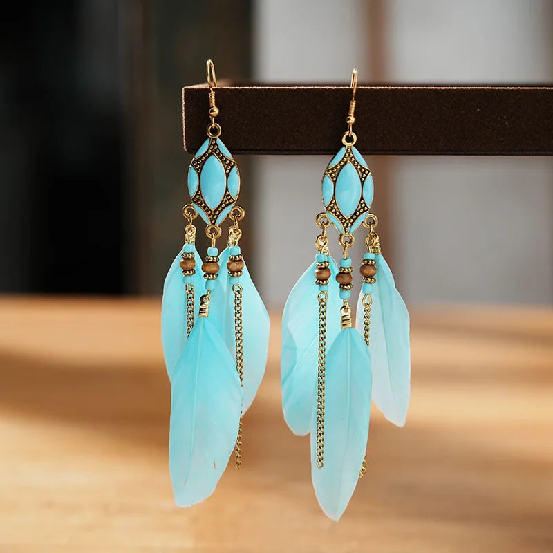 New Ethnic Long Feather Dangle Earrings For Women Bohemian