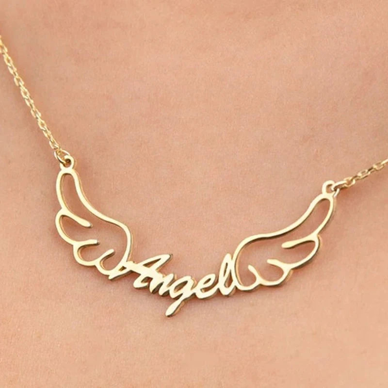 Personalized Name Angel Wing Gold Necklace.